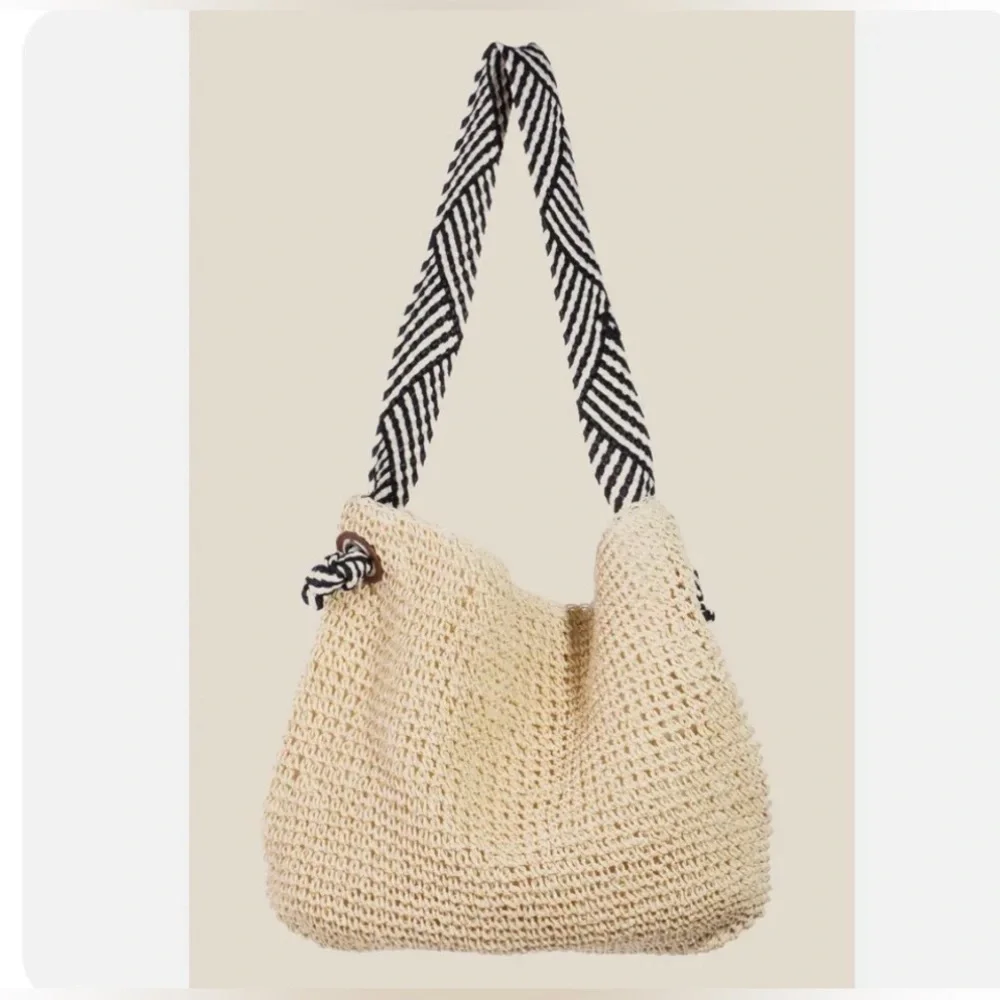 NWT Boho Woven Straw Rustic Tote Bag Black & White Strap Eco friendly Festival - Picture 1 of 8